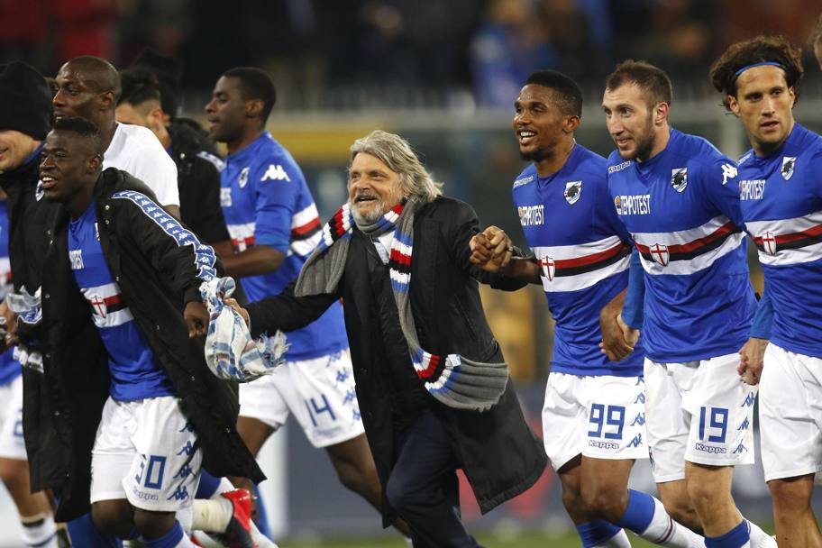 La festa di Massimo Ferrero al termine di Samp-Inter (1-0). Ansa